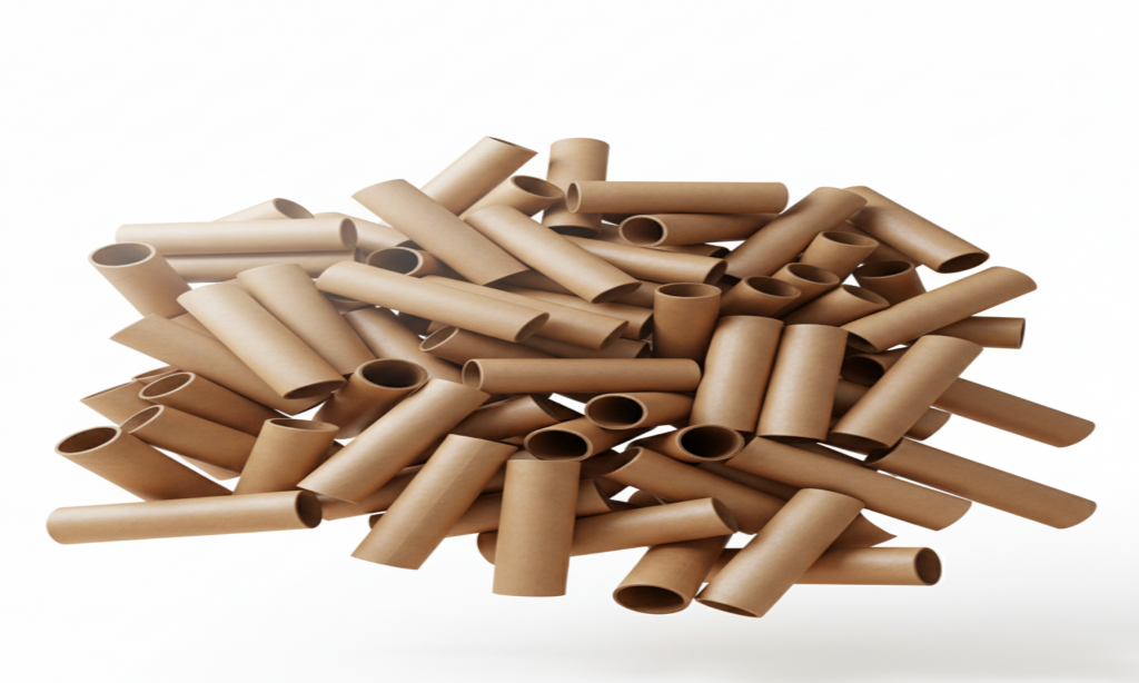 Braune Papphülsen aus Kraftpapier, sauber geschnitten, als Haufen auf weißem Hintergrund. Feuerwerkshülsen kaufen